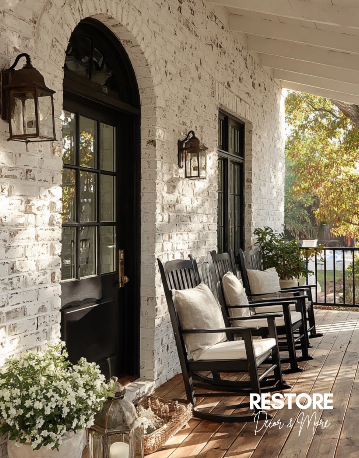 Classic porch charm with a timeless twist 🖤
Loving the contrast of black rocking chairs against the whitewashed brick, paired with cozy neutral cushions and lantern-style sconces that bring a warm, welcoming glow. Shop similar rocking chairs, outdoor lighting, and textured decor to recreate this inviting front porch look.

#rockingchairs #frontporchdecor #porchdesign #outdoorlighting #lanternlight #blackandwhitehome #farmhouseporch #porchinspo #outdoordecor #neutralporch #rusticlighting #porchstyle #cozyoutdoors #classicporch #timelessdecor 

 #LTKHome