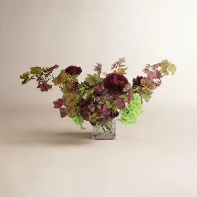 Hydrangea and Ranunculus Fall Arrangement in a Glass Ripple Vase | Perigold