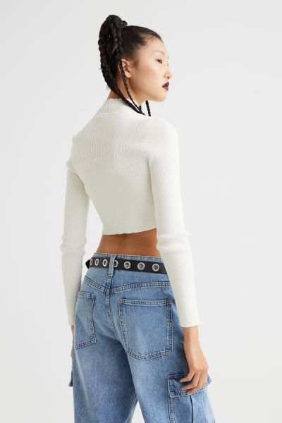 Ribbed Mock Turtleneck Top - Cream - Ladies | H&M US | H&M (US)