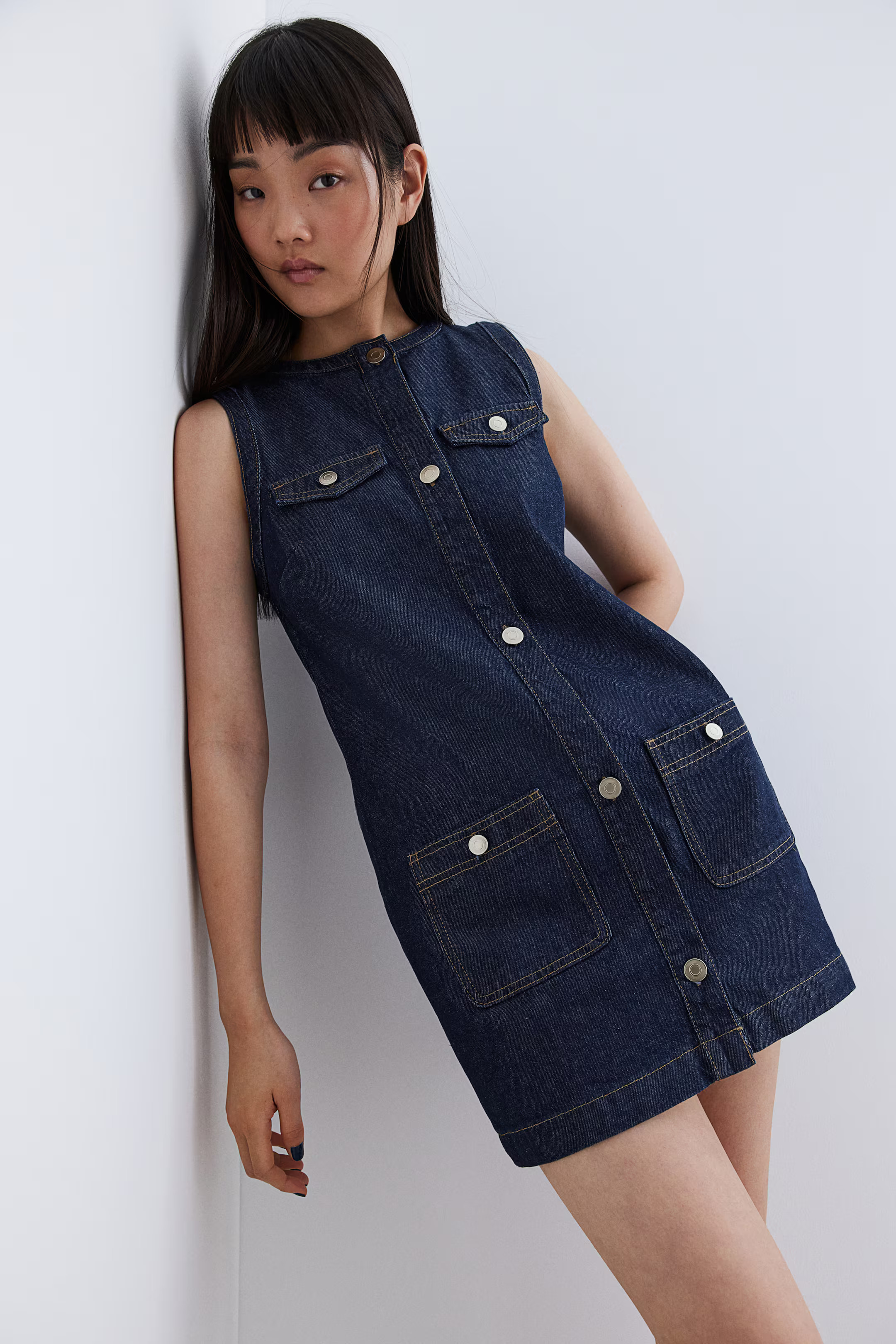 Button-front denim dress - Dark denim blue - Ladies | H&M GB | H&M (UK, MY, IN, SG, PH, TW, HK)
