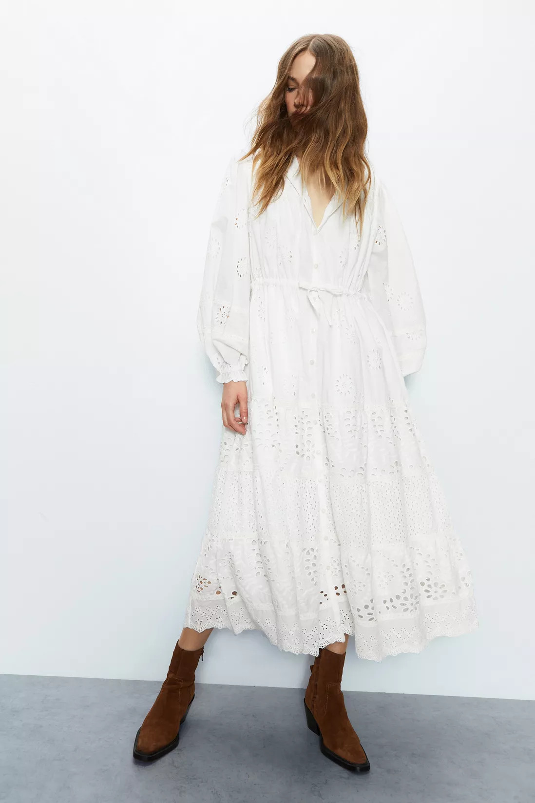 Dresses | Broderie Drawstring Waist Midi Dress | Warehouse | Warehouse UK & IE
