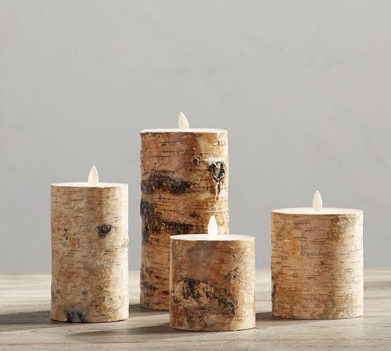 Premium Flickering Flameless Wax Pillar Candles - Textured Birch | Pottery Barn (US)