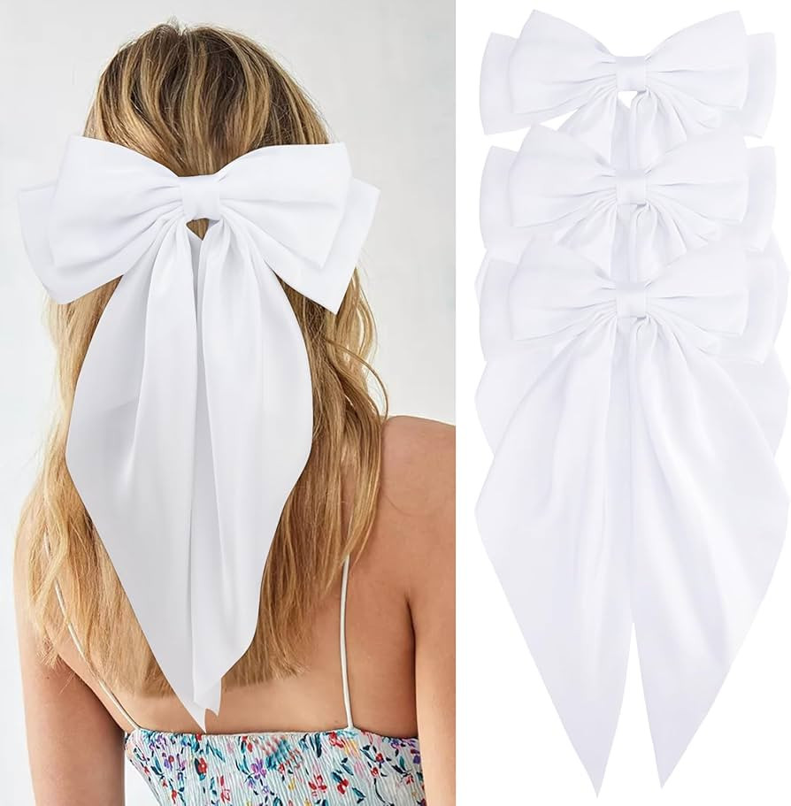 VELSCRUN Hair Bows for Women, 3Pcs Natural White Hair Clips, Big Hair Bows in Silky Satin, Oversi... | Amazon (US)