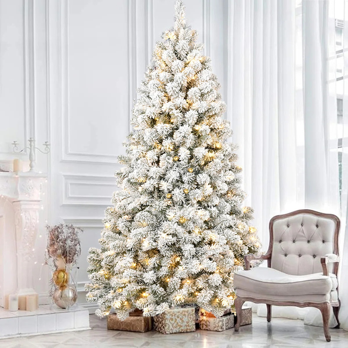 7 Ft Prelit Snow Flocked Christmas Tree,1064 PVC Branch Tips, Artificial Christmas Tree With 400 ... | Wayfair North America