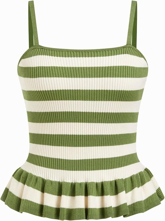 CIDER Striped Crop Tank Tops for Women Sleeveless Square Neck Ruffle Knit Peplum Tops Summer Vaca... | Amazon (US)