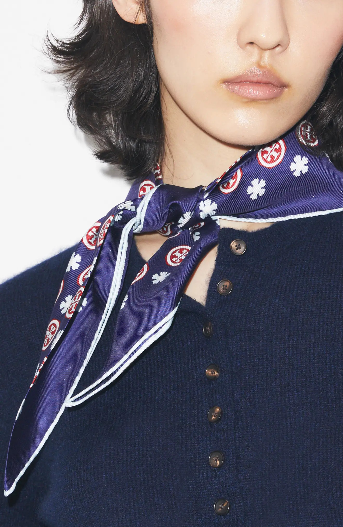 Tory Burch Silk Triangle Scarf in Blue Floral Monogram at Nordstrom | Nordstrom