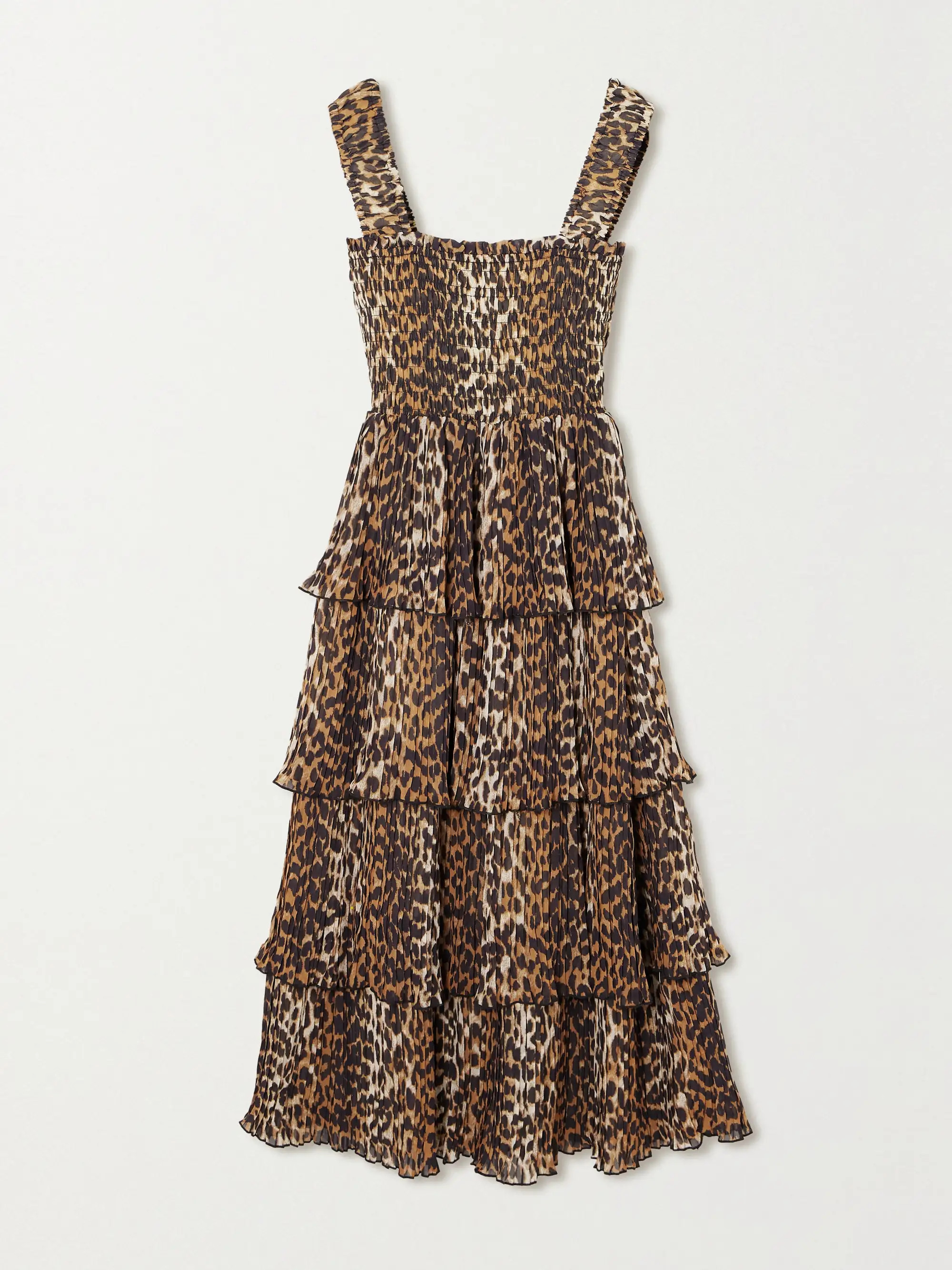 GANNI Pleated smocked leopard-print recycled-georgette midi dress | NET-A-PORTER | NET-A-PORTER (UK & EU)