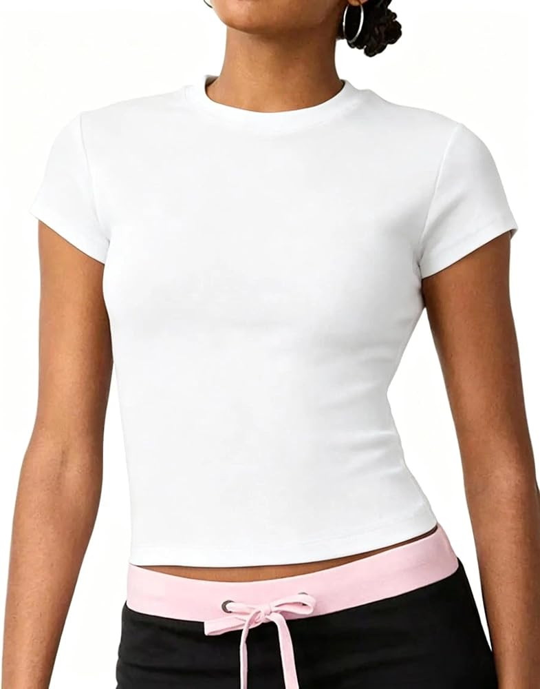 DGRPI Womens Cotton Basic Crew Neck T-Shirts Y2K Cute Crop Tops Baby Tee | Amazon (US)