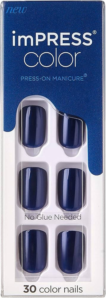 KISS imPRESS No Glue Mani Press On Nails, Color, 'Never Too Navy', Blue, Short Size, Squoval Shap... | Amazon (US)