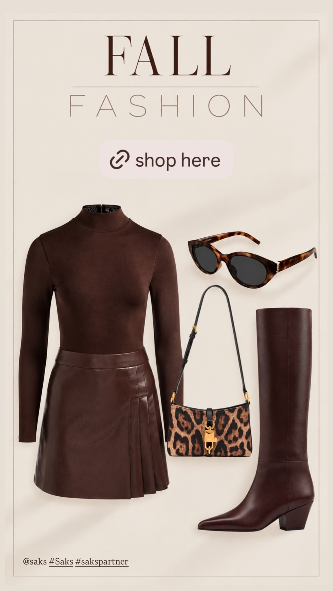 @Saks Fifth Avenue Friends & Family Sale Is On!! The ultimate fall outfit 🤎 Rich chocolate brown, sleek knee high boots and a touch of leopard make this look feel so luxe and effortlessly polished for the season. These gorgeous fall fashion finds are included in the Saks Fifth Avenue Friends & Family Sale, making now the perfect time to refresh your wardrobe with elevated autumn staples. I love the mix of the fitted brown turtleneck, pleated leather mini skirt, pointed toe boots and statement leopard bag for an easy quiet luxury look. Shop these Saks Friends & Family sale finds plus more of my favorite fall fashion picks through the link! #saks #sakspartner