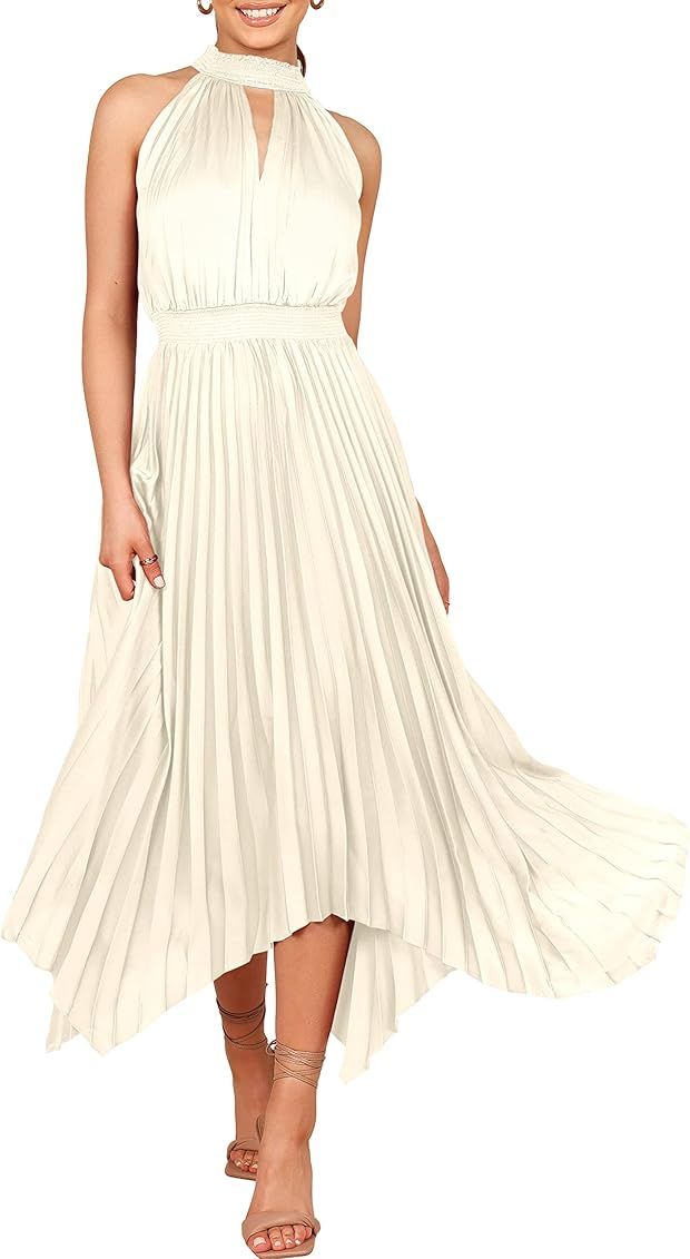 LOGENE Women's Elegant Sleeveless Cutout Halter Neck Satin Cocktail Dress Pleated Hem Twist Flowy Fo | Amazon (US)