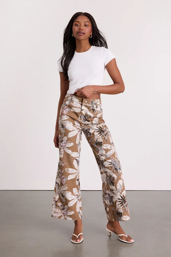 Venesse Light Brown Floral Twill Wide-Leg Pants | Lulus