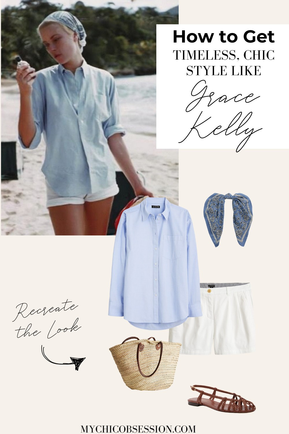 Get chic casual beach style like Grace Kelly. Wear a blue button-down shirt with white shorts, a basket bag, and flats. Add a patterned hair scarf or bandana to complete the look. 

 #LTKSeasonal #LTKStyleTip #LTKShoeCrush