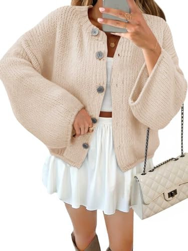 Saodimallsu Women 2025 Oversized Button Down Cardigan Chunky Knit Long Sleeve Sweater Beige | Amazon (US)
