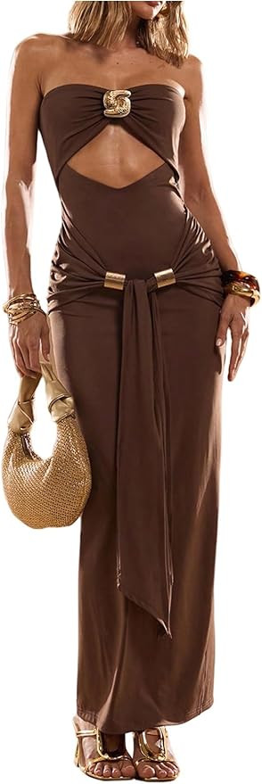 Milumia Women's Strapless Cut Out Maxi Dress Metal Tie Waist Cocktail Bodycon Long Dress | Amazon (US)