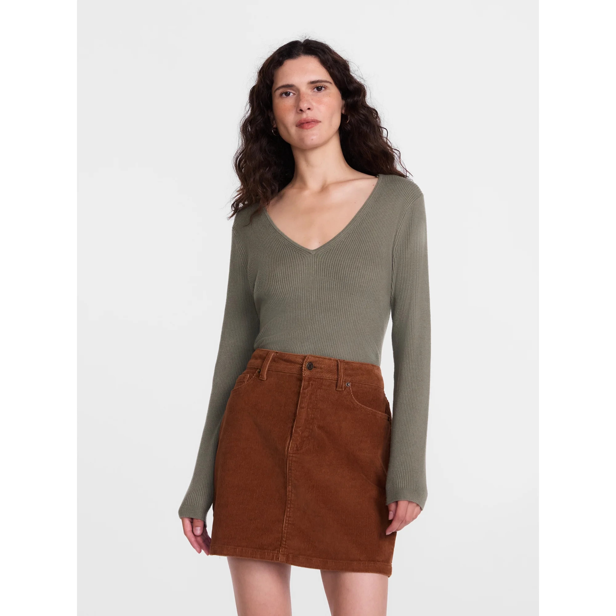 Scenario Women's V-Neck Ribbed Lightweight Sweater with Long Sleeves, Sizes XS-XXXL | Walmart (US)