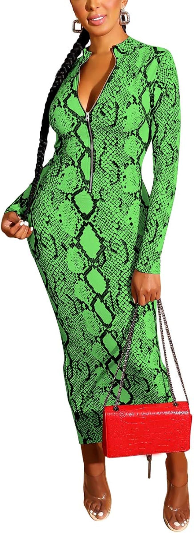 Weigou Women's Sexy Long Sleeve Front Zippers Snakeskin Print Bodycon Club Midi Dress Evening Par... | Amazon (US)