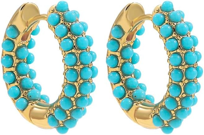 Boho Beaded Turquoise Hoop Earrings for Women Gold Plated Blue Birthstone Ball Beads Chunky Huggi... | Amazon (US)