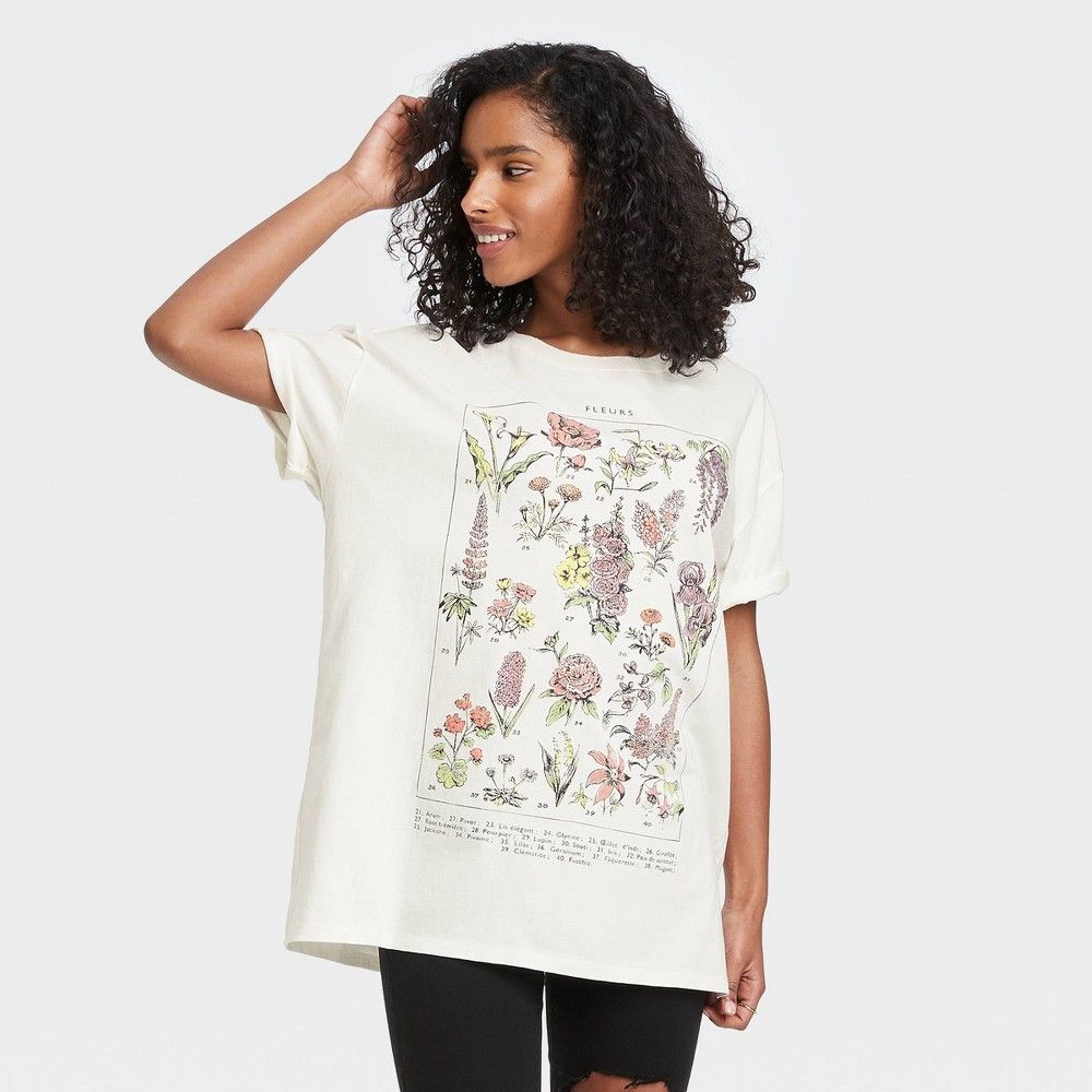 Women's Botanical Short Sleeve Oversized Graphic T-Shirt - White S/M | Target