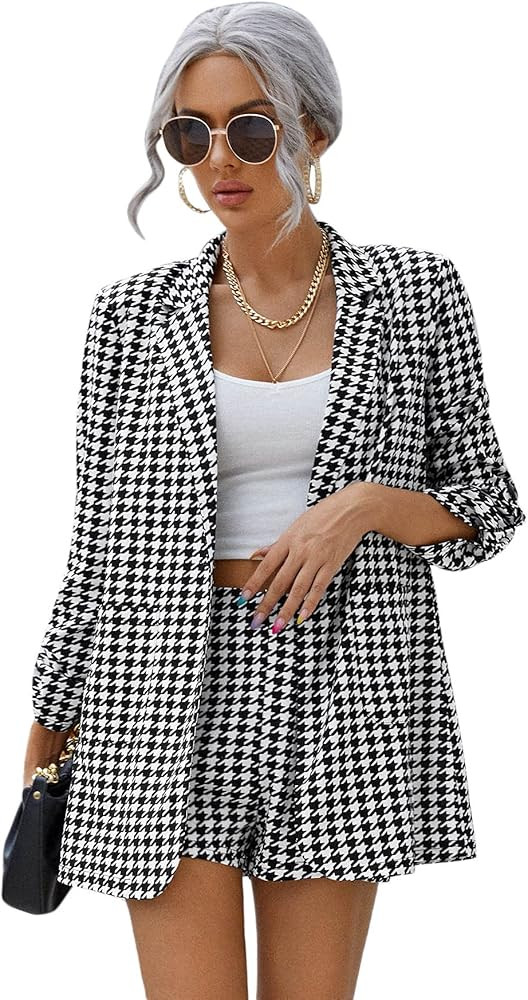 SheIn Women's 2 Pieces Plaid Long Sleeve Lapel Blazer with Elastic Waist Shorts Set | Amazon (US)