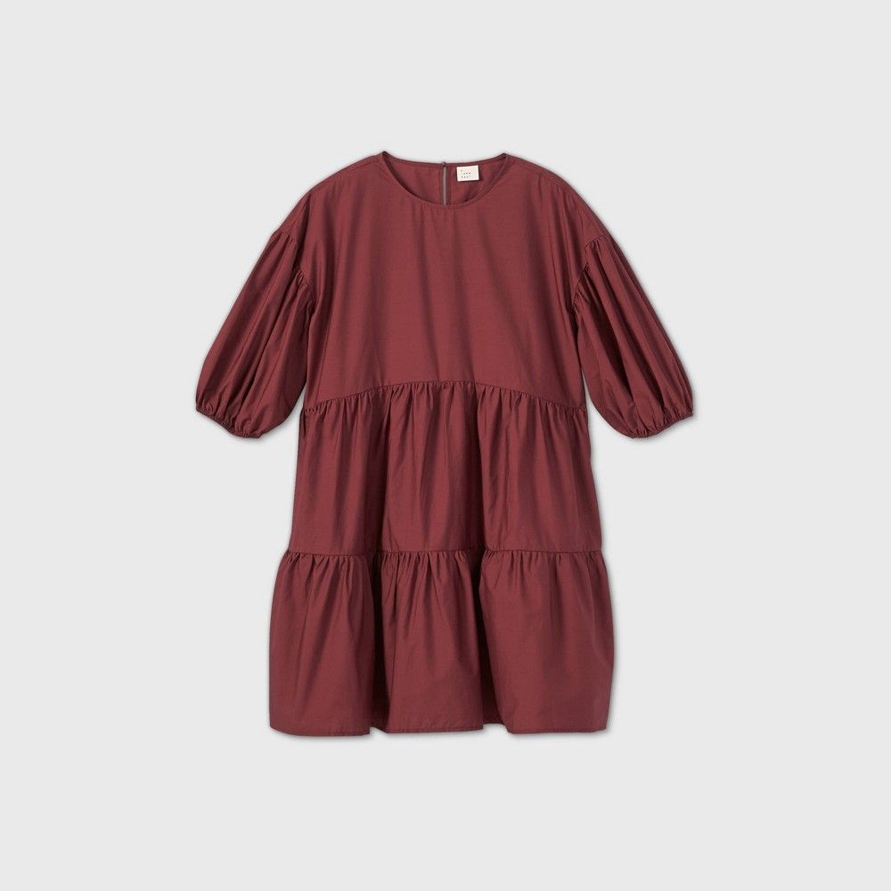 Women's Plus Size Puff Short Sleeve Tiered Dress - A New Day Burgundy 2X | Target