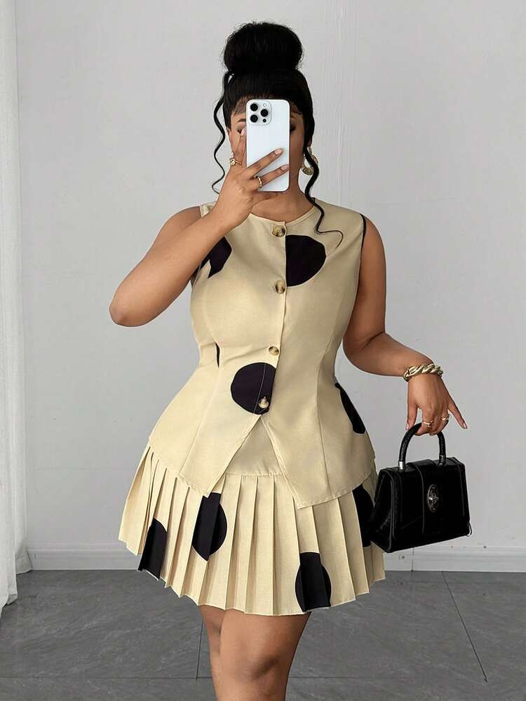 2026 New Plus Size Women's Summer Polka Dot Print Fabric Round Neck Button Front Sleeveless Fitted Tank Top + Elastic Waist Pleated A-Line Short Skirt 2-Piece Set Womans Dress Latest Outfit For Women Wow Dress Women Clothes Women Summer Outfits 2 Piece Latest Dress High Quality Dress Qpuv8 Dress Outfit Sleeveless Dress Polka Dot DressPlus Size Casual Multicolor Round Neck Sleeveless Pleated Mini Skirt Co-Ord Set With Striped Woven FabricWomen'sGraduation,Elegant,Fashion,Casual,Commute | SHEIN
