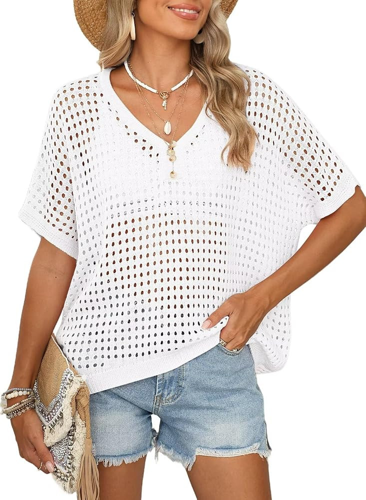 Dokotoo Womens Summer V Neck Short Sleeve Button Down Sweater Casual Crochet Hollow Out Knit Tops... | Amazon (US)