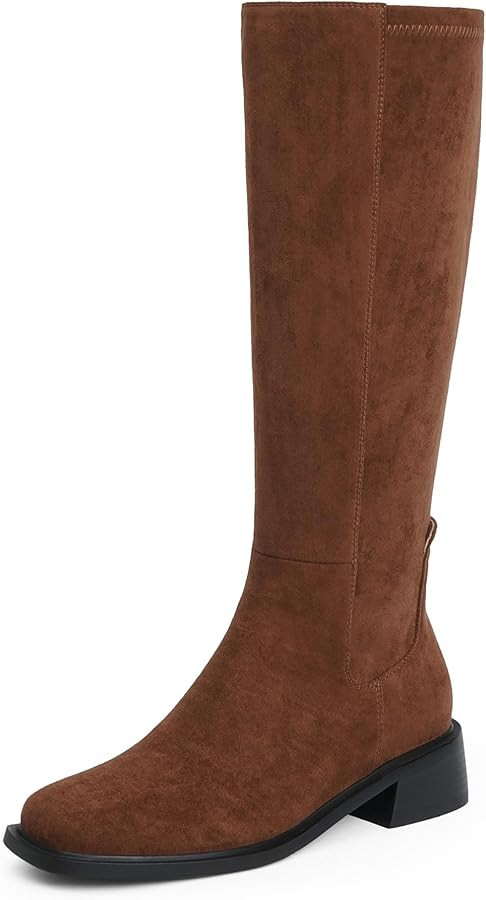Knee High Boots Women Faux Leather Elastic Boots Low Heel Square Toe Side Zipper Fall Long Tall B... | Amazon (US)
