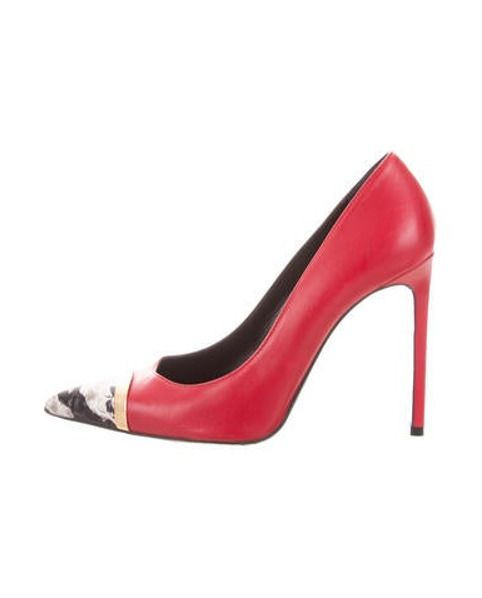 Saint Laurent Leather Snakeskin-Accented Pumps Red | The RealReal
