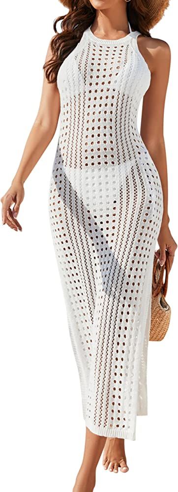 BMJL Womens Crochet Cover Up Hollow Out Swimsuit Coverup Side Split Maxi Beach Dress | Amazon (US)