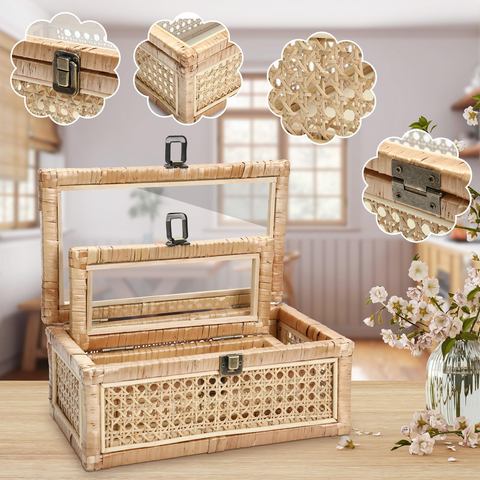 Set of 2 Boho Rattan Decorative Box with Glass Lid Rectangular Woven Cane Stacking Boxes for Disp... | Amazon (US)