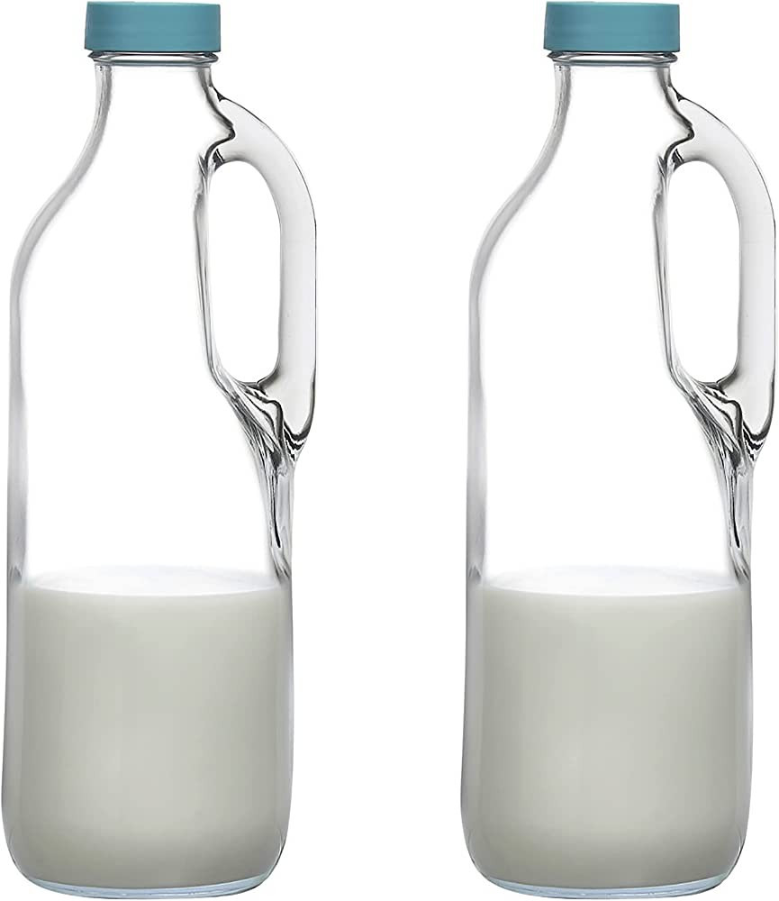 2 Pc 47oz Clear Glass Milk Bottles Glass Pitcher with Handle and Lids - Airtight milk Container f... | Amazon (US)