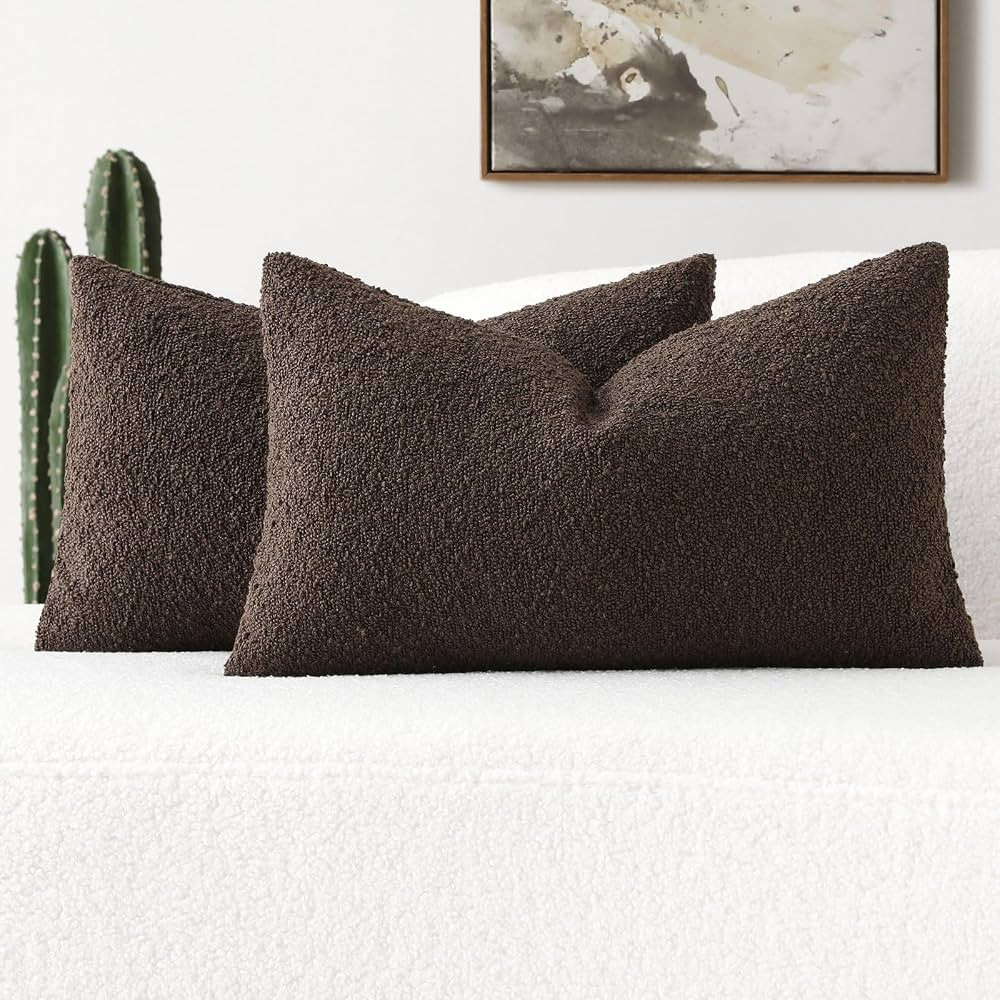 FUTEI Pack of 2 Dark Coffee Decorative Throw Pillow Covers 12x20 Inch Soft Cozy Solid Boucle Textured Lumbar Pillow Cases,Modern Home Decor for Couch Bed Living Room | Amazon (US)