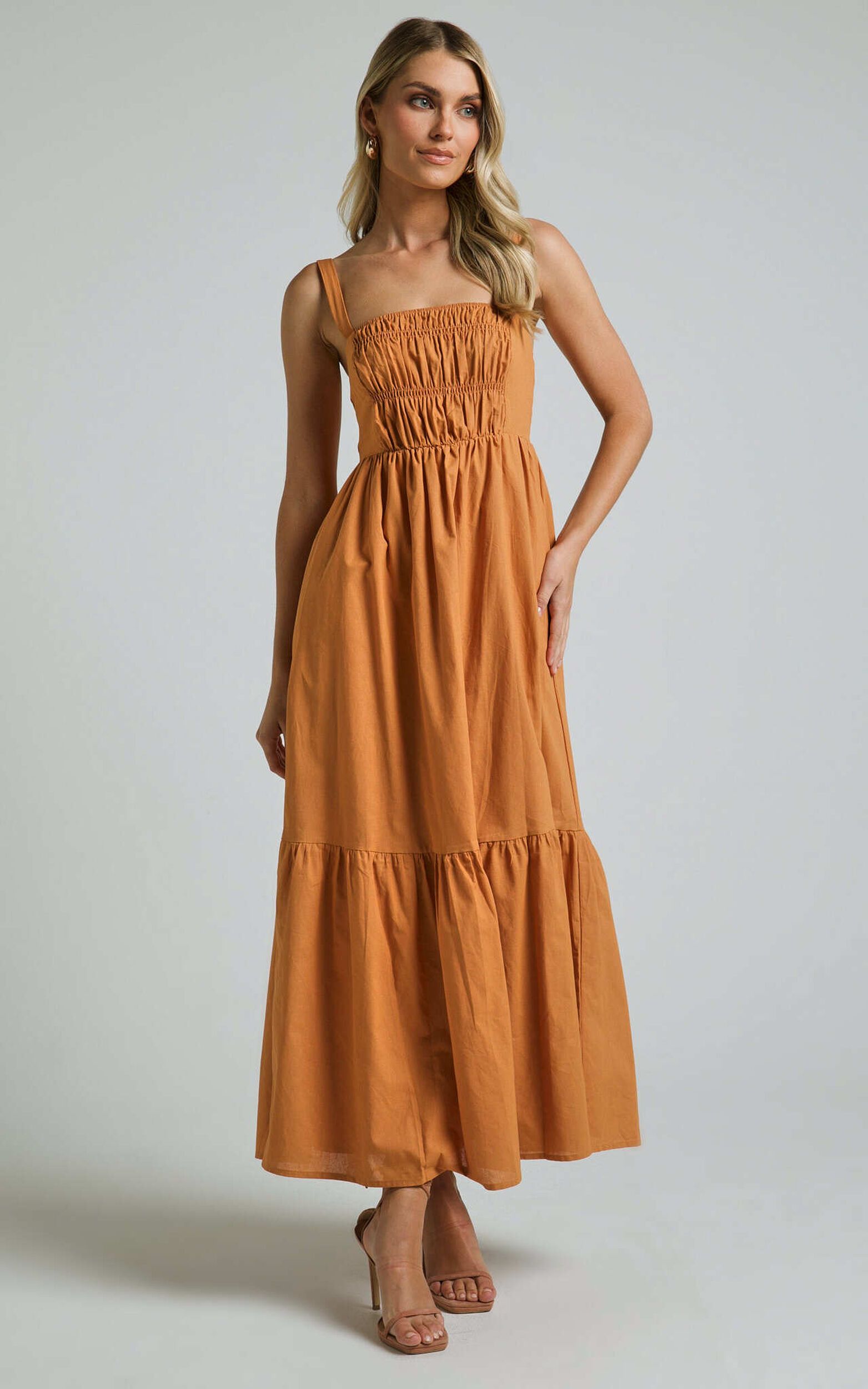 Mauree Maxi Dress - Straight Sleeveless Tiered Dress in Caramel | Showpo (US, UK & Europe)
