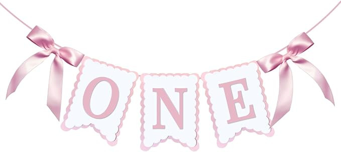 Bow One Banner for Baby Shower Decorations Pink and White Bow Highchair Banner Girls First Birthd... | Amazon (US)