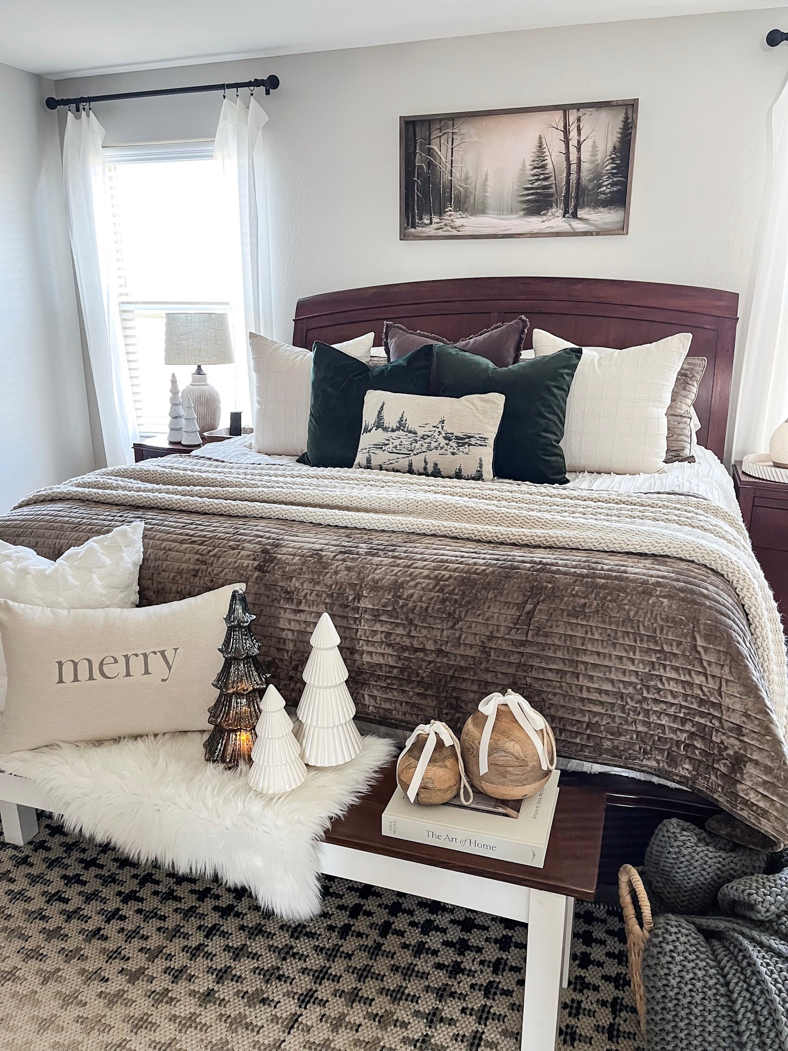 Neutral Christmas bedroom!  Follow @lifeinmyarizonahome on Instagram for more holiday ideas and inspiration. 

My bedroom is all ready for Christmas with these cozy winter vibes.  This beautiful serene snowy forest canvas and snowy winter pillow makes the room so calm and peaceful after a busy day. 

The canvas is in the 20x40 size with the briarsmoke stain. 


#LTKSeasonal #LTKHome #LTKHoliday