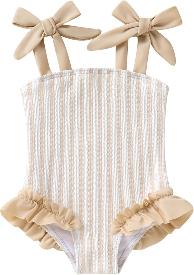 Happy Town Toddler Swimsuit Girl Solid Color Stripe One-Piece Baby Bathing Suits | Amazon (US)