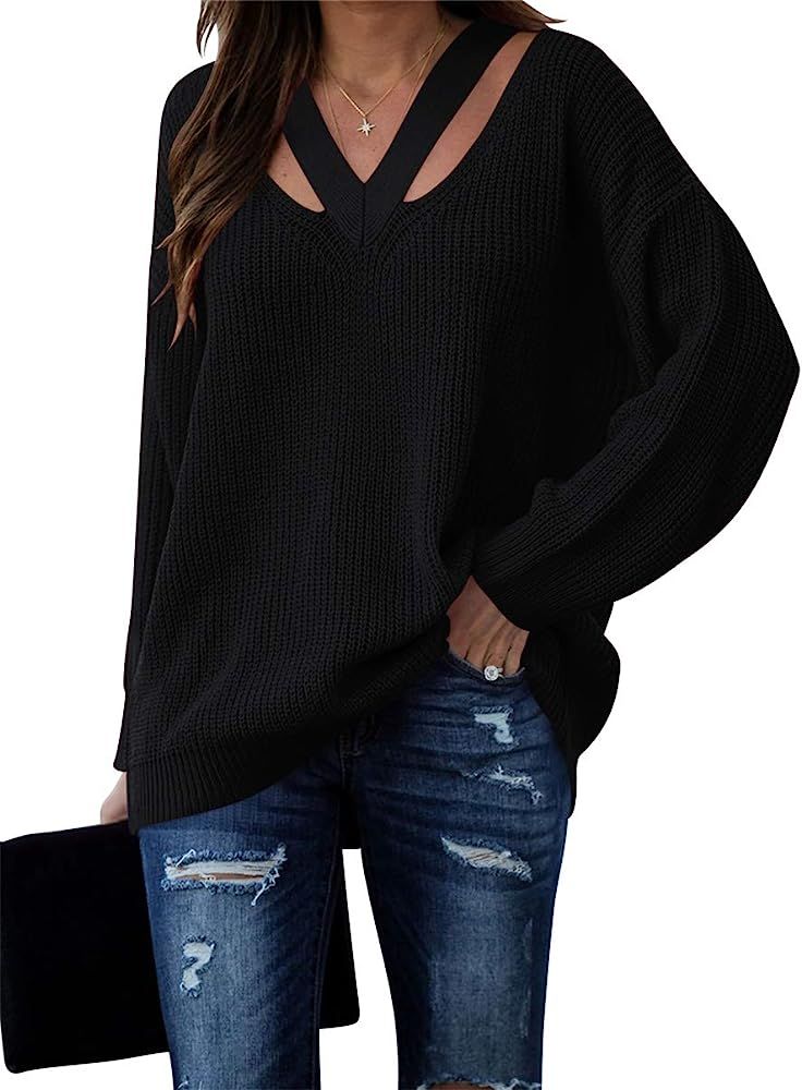 ANRABESS Womens V Neck Off Shoulder Sweaters Long Sleeve Knit Loose Pullover Tops Shirts Casual J... | Amazon (US)