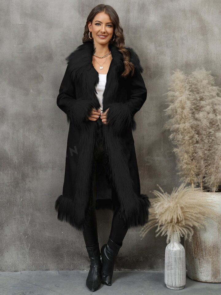 RELISH NOLESS Fuzzy Trim Open Front Coat | SHEIN