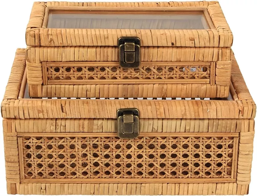 Creative Co-Op Boho Woven Cane and Rattan Display Boxes with Glass