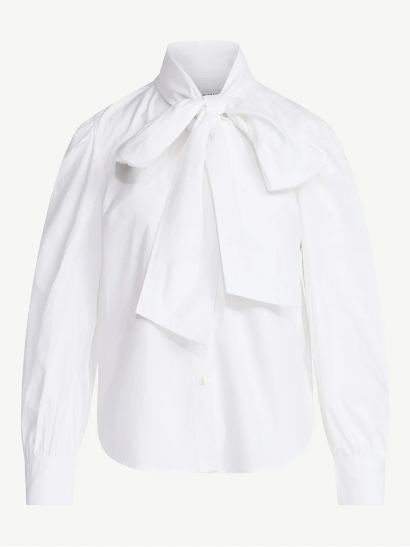 Free Assembly Women's Cotton Tie Neck Blouse with Long Puff Sleeves, Sizes XS-XXL | Walmart (US)