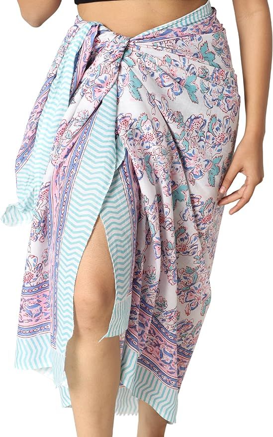 100% Cotton Sarong Coverups for Women Indian Hand Block Print Swimsuit Pareo Wrap Skirt Beach Swi... | Amazon (US)