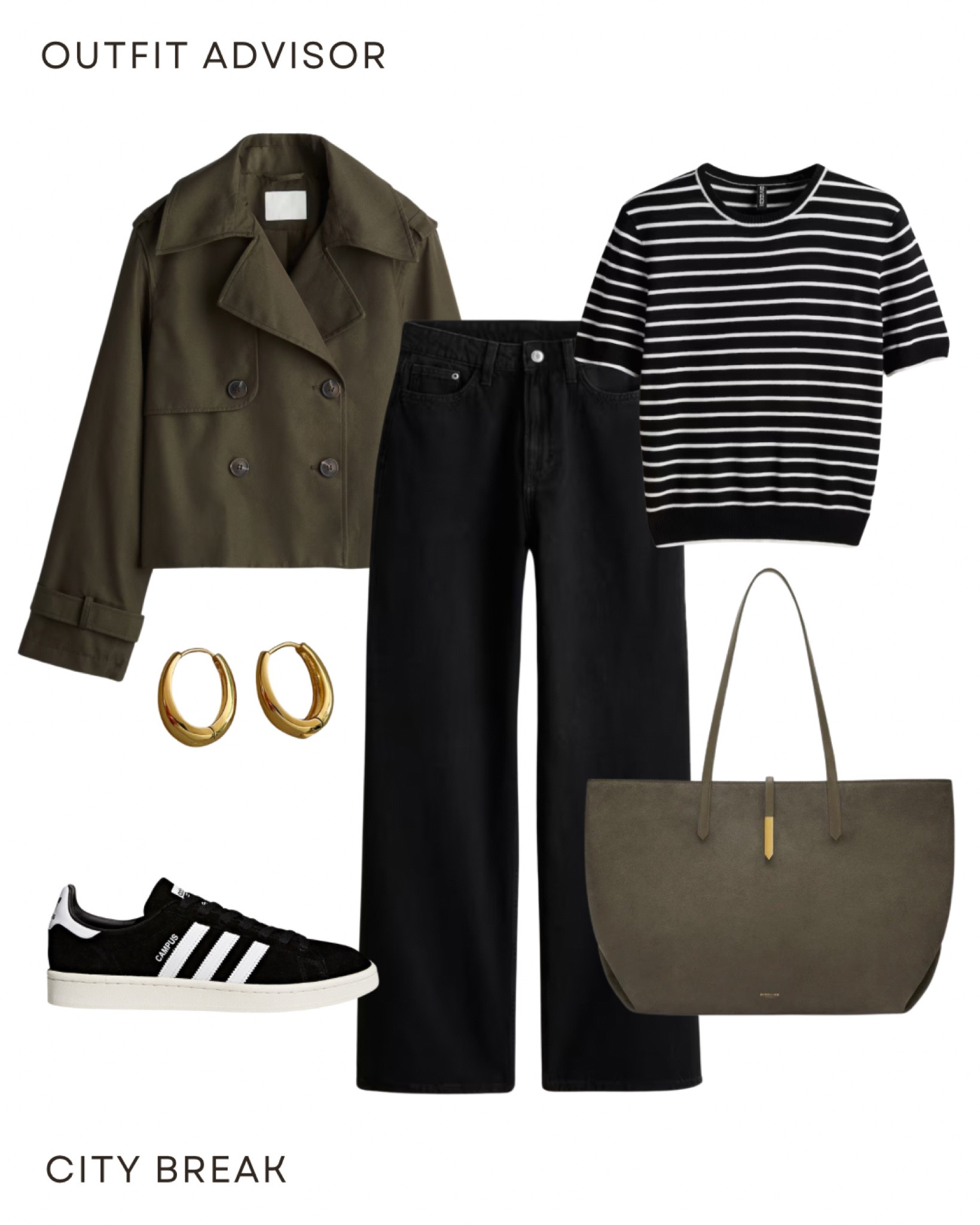 Casual outfit inspo for autumn: a green cropped trench coat, striped knit top, black jeans, gold earrings, adidas gazelle sneakers and a demellier suede tote bag

#LTKworkwear #LTKstyletip #LTKautumn