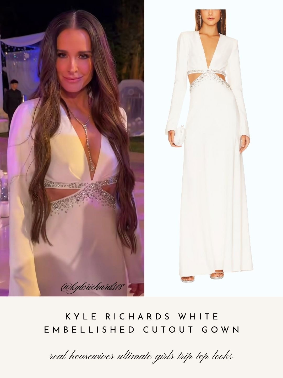 Kyle Richards’ White Embellished Cutout Gown 📸 = @kylerichards18