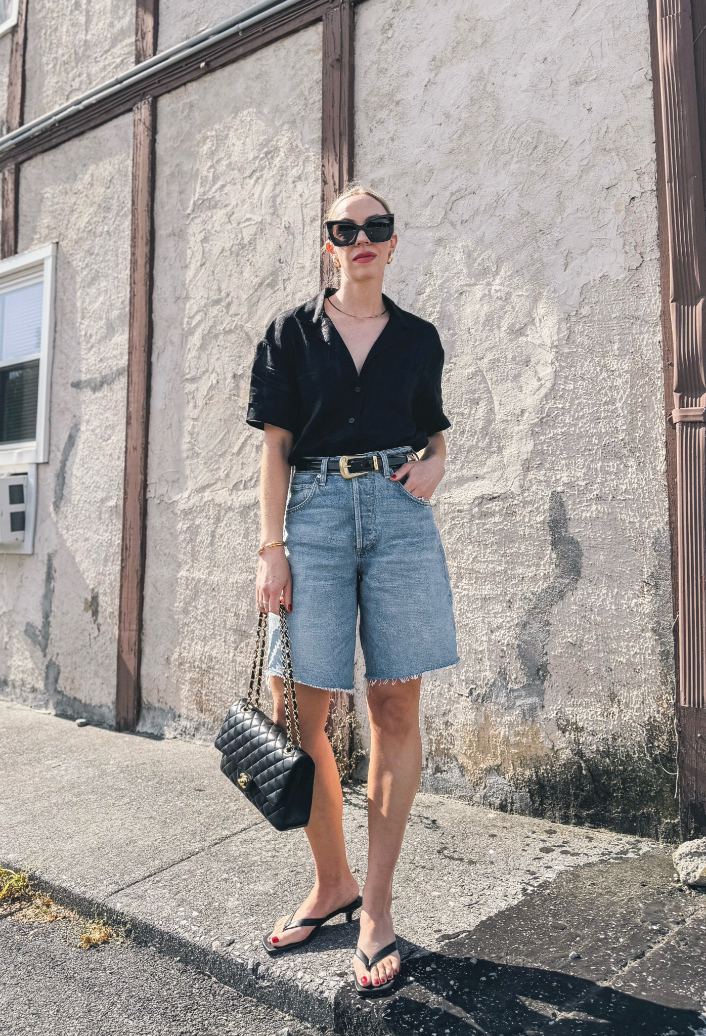Linen shirt, denim bermuda shorts, Citizens of Humanity Ayla shorts, kitten heel thong sandals, minimal summer outfit 

#LTKFindsUnder50 #LTKShoeCrush #LTKOver40