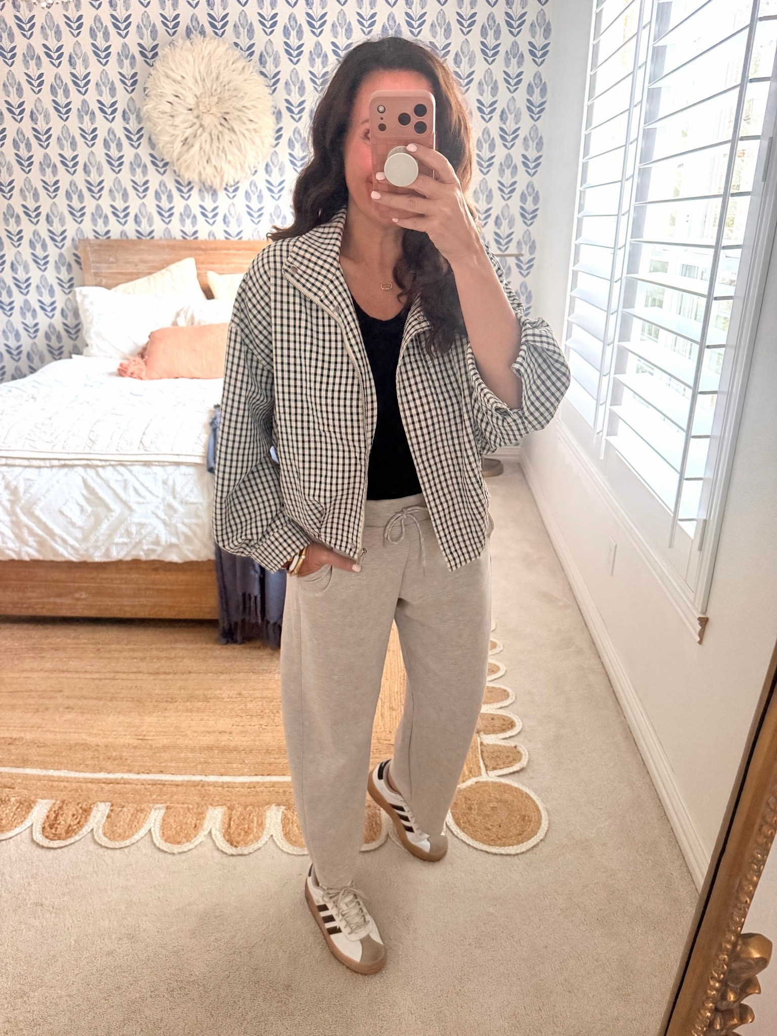 Small jacket-lightweight and adorable
Medium pant-SO soft 
Small tank with built in bra
Comfy, but still pulled together!