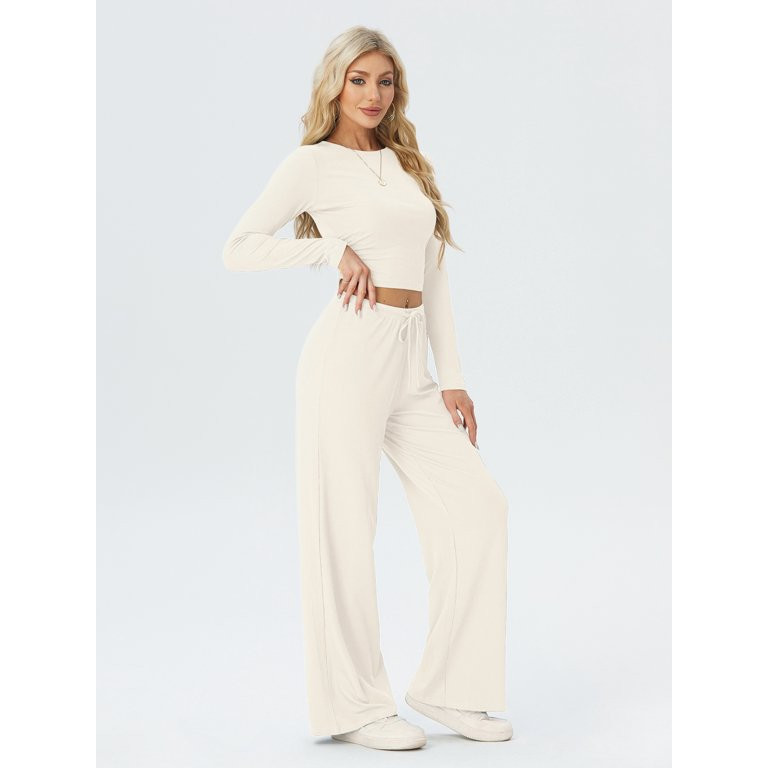 MINTREUS Women's Ribbed Knit Two Piece Outfits Lounge Sets Long Sleeve Wide Leg Pants Homewear Pa... | Walmart (US)