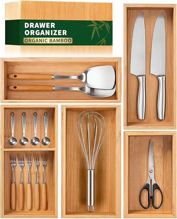 Bamboo Drawer Organizer 5 Pcs for Kitchen Multi-purpose Storage Dividers for Kitchen, Office, Jew... | Amazon (US)