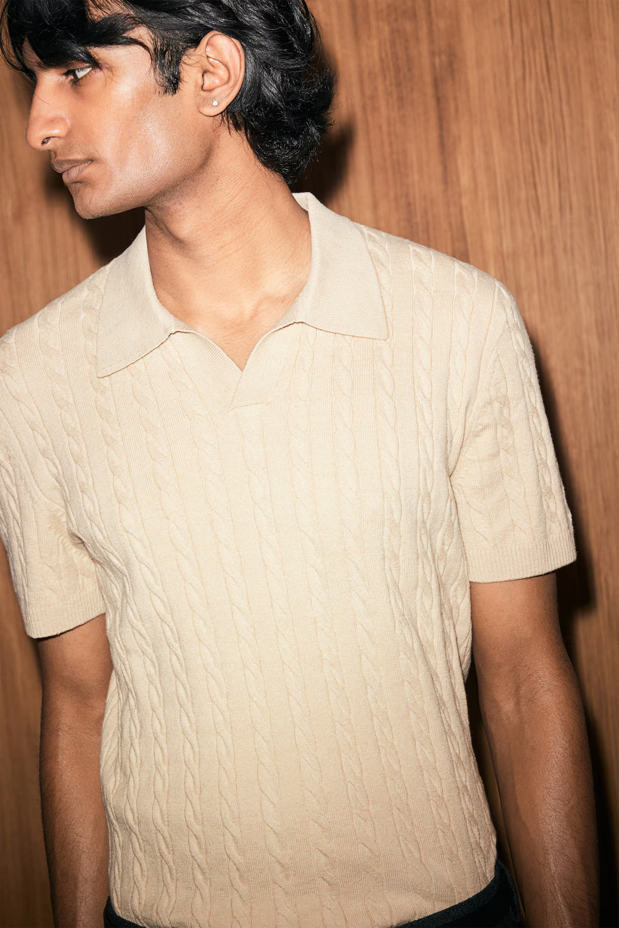 Regular-Fit Cable-Knit Polo Shirt - Beige - Men | H&M US | H&M (US + CA)