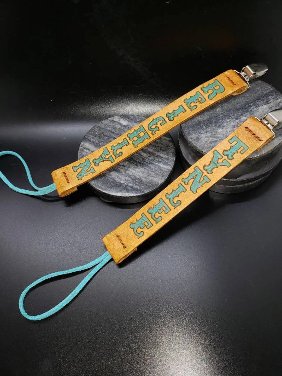 Custom Leather Paci Clip Turquoise Hand Painted Hand Made Sunflower Max 8 Letters - Etsy | Etsy (US)